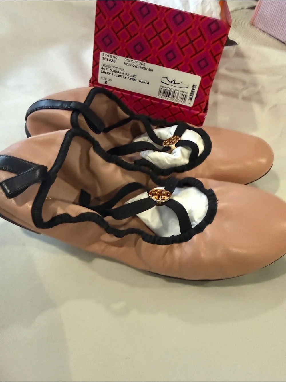 Tory Burch Blush Pink Ballet Flats with Black Trim and Gold Logo